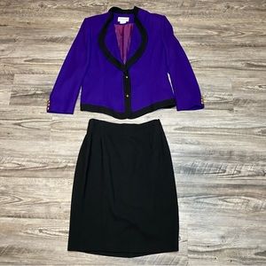 Vtg 80’s John Meyer Of Norwich Sz 16 Purple/ Black 2 Pc. Blazer/ Skirt Suit Set